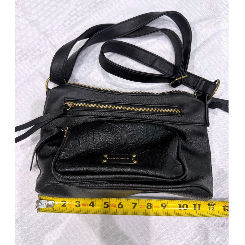 Rein & Bridle Leather Crossbody Bag Black Tooled Floral Embossed Boho Purse‎ - Picture 4 of 10